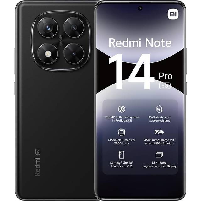 xiaomi Redmi Note 14 Pro 5G smartphone, 8+256GB, Black, 200MP pro-grade AI camera, IP68, 45W turbo charging with 5110mAh battery, AI features (no cha