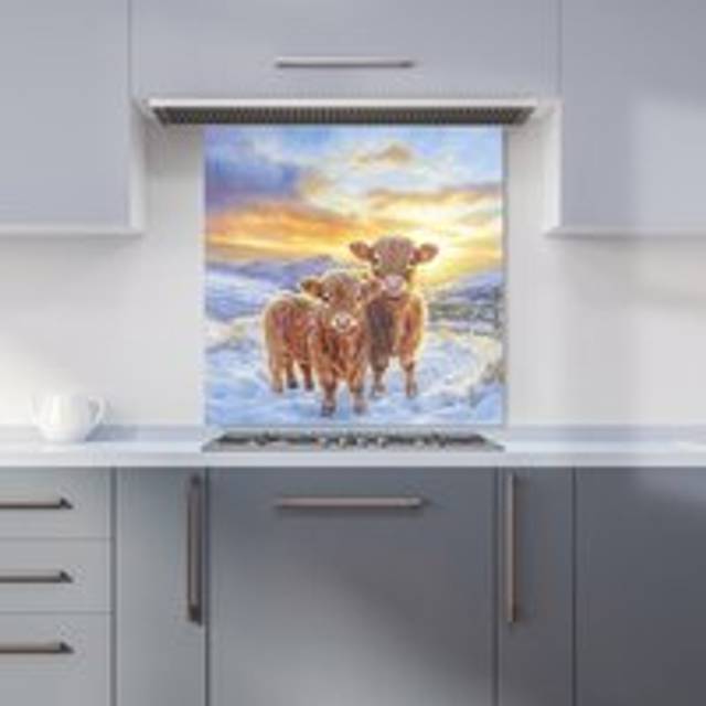 Warren Reed - Designer Snowy Baby Highland Cows Kitchen Splashback W600Mm X H600Mm, Multi