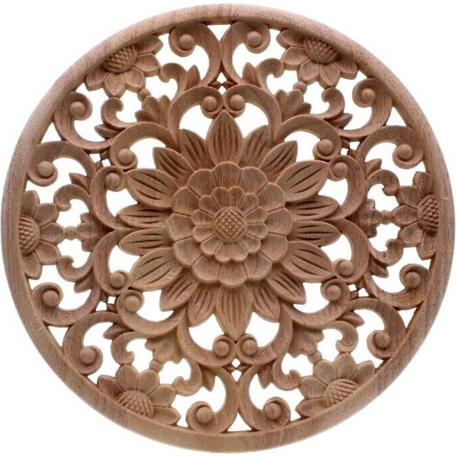 Carved Flower Carving Round Wood Appliques For Furniture Cabinet Unpainted Wooden Mouldings Decal Decorative Figurine15x15x2Cm