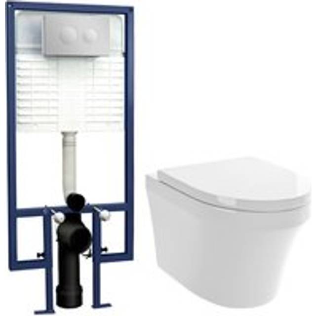 Mila Round Wall Hung Toilet Pan, Soft Close Seat & Concealed Cistern with Round Push Button Plate, 400mm - Balterley
