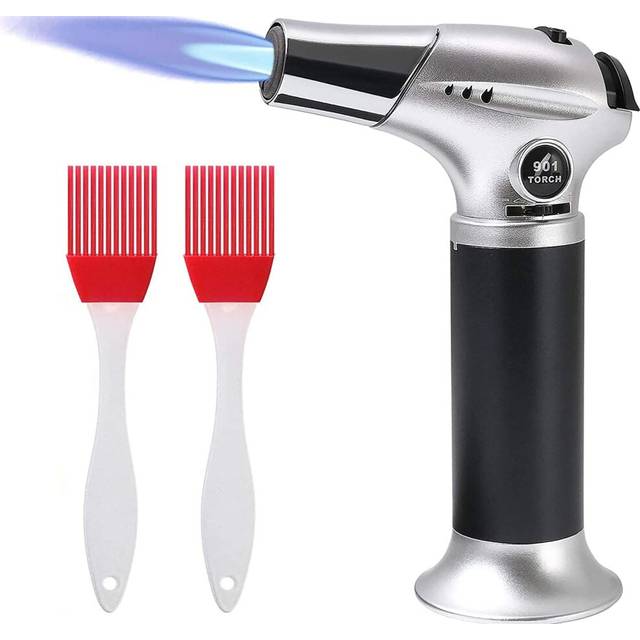 Blow Torch Kitchen Torch Refillable Butane Gas Torch Lighter Cooking BBQ Butane Blow Torch with Safety Lock 2 Brush Adjustable Flame