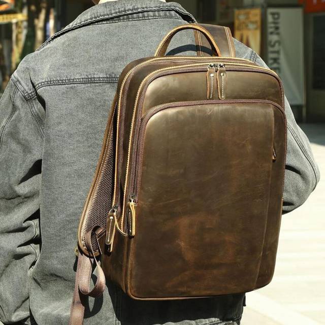 (dark coffee) Retro Mad Horse Leather Backpack For Men Premium Genuine Leather Large Capacity Leisure Backpack For Business Travel Computer Bag For Me