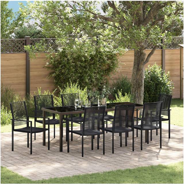 9 Piece Garden Dining Set Black PVC Rattan - One Size