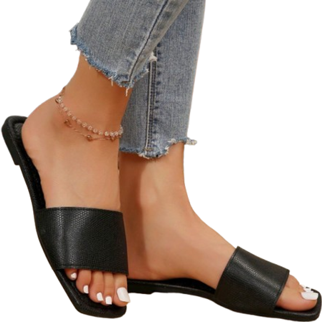 SHEIN Plus Size Slide Sandals, Spring Summer New Black Square Toe Flat Sandals, Pair With Dresses To Make Legs Look Longer, Fashionable Sandals, Beautiful G