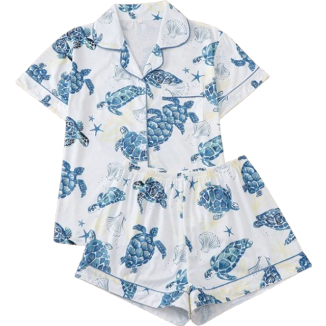 SHEIN 2pcs/Set Cute Ocean Theme Sea Turtle Printed Women Pajamas Set, Short Sleeve Collared Top & Relaxed Elastic Waist Shorts, Casual Sleepwear Loungewear,