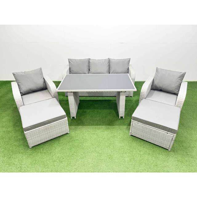 Outdoor Rattan Garden Furniture Dining Set 7-seater with 2 Big Stools - Light Grey - One Size