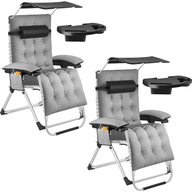 Sun Lounger Cirrus with Plush Padding, Built-in Sun Shade and Folding Function - light grey, Set of 2
