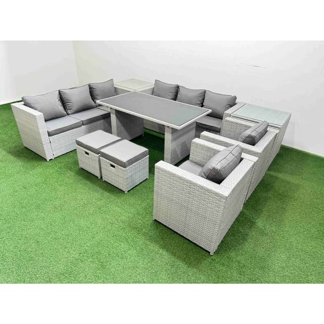 10 Seater Wicker pe Rattan Furniture Outdoor Dining Table 3 Seater Sofa Armchair Set with 2 Side Tables 2 Small Stools Light Grey - Fimous