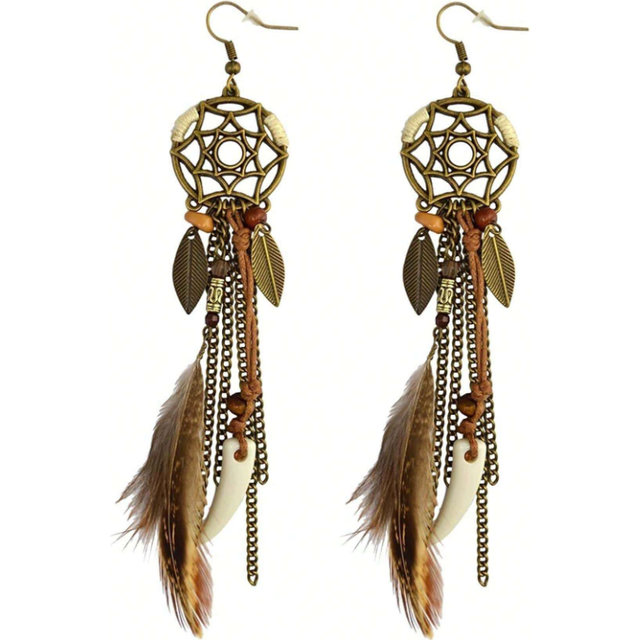 SHEIN Antique Bohemia Long Feather Hanging Earrings Handmade Boho Dangle Earring For Women Ear Jewelry Women