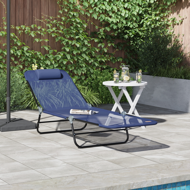 vidaXL Folding Sun Lounger with Headrest Navy Textilene