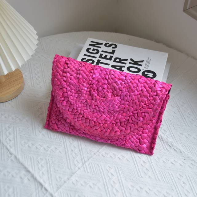 TEMU Keaplayee Elegant Boho Chic Handmade Paper Woven Straw Clutch - Vibrant Pink With Black Accents, Beach, Travel, And Parties, Party Accessory | Boho Chic Style | Woven Texture