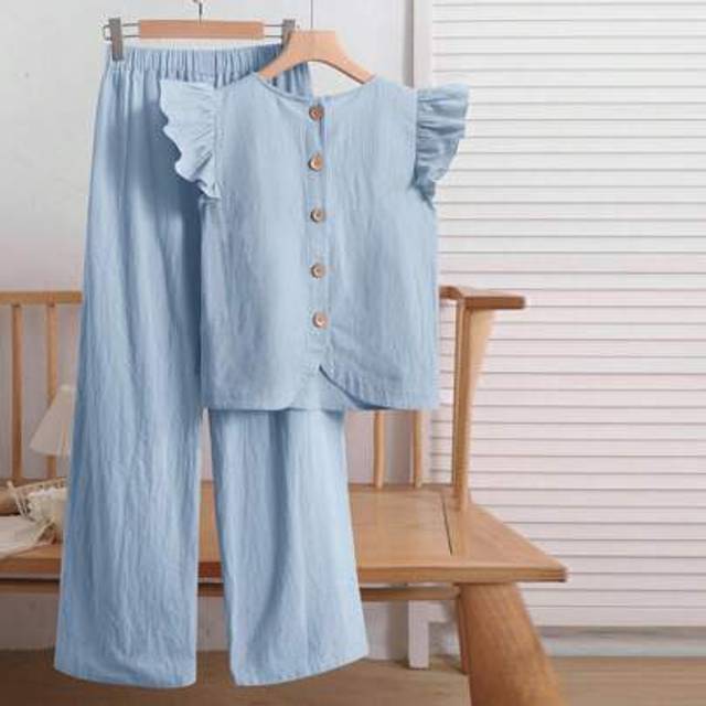 SHEIN 2pcs Set Teenage Girls Casual Ruffled Trim Round Neck Blouse & Loose Woven Pants, Versatile All-Match Outfit For Commuting, Comfortable, Suitable For