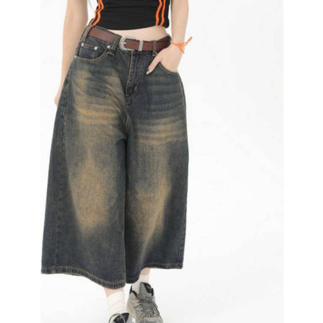 TEMU Summer Wide-leg 7/ Inch Jeans For Women, Retro Washed And Aged High-waisted Straight-leg Mid-length Pants