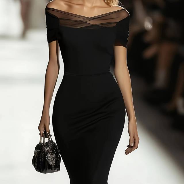 TEMU 2025 Spring/summer Elegant And Stylish Women's Fitted Off-shoulder Black Short-sleeve Bodycon Dress.