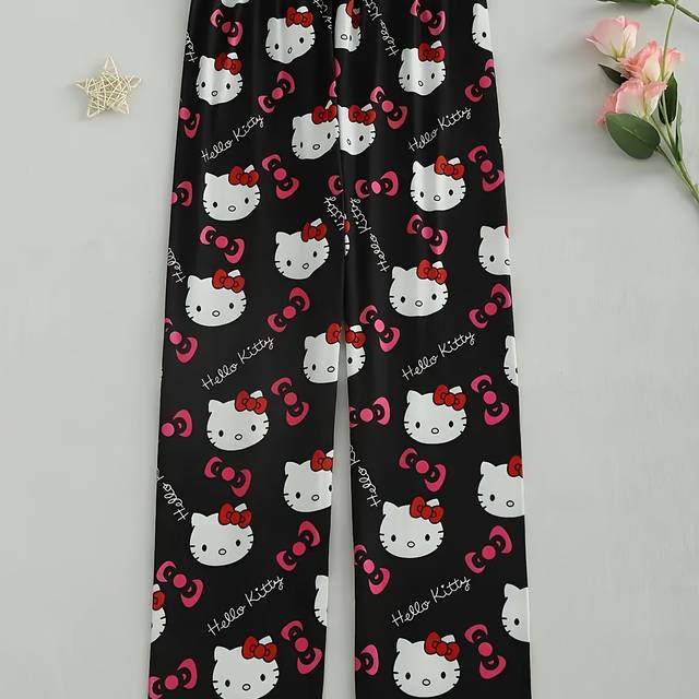 TEMU Hello Kitty Printed Pajama Pants, Elastic Waist Long Pants, Cute Teen Home Clothes, Polyester And Spandex, Machine Washable, Hello Kitty Pajama Pants, Loose Fit, Casual, Home Sleepwear