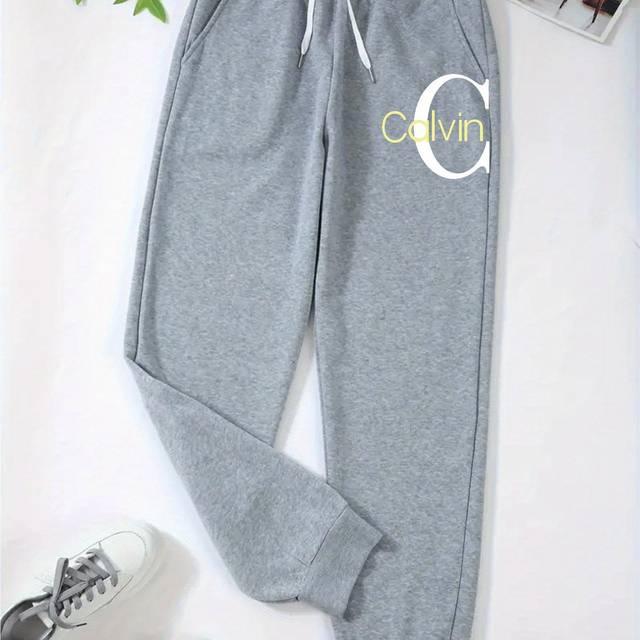 TEMU Women's Plus Size Letter Print Elastic Waist Joggers - Light Beige Loose Fit Casual Sports Pants With Pockets, Machine Washable , Jogging Pants, Everyday , Stylish Lettering, Soft Material