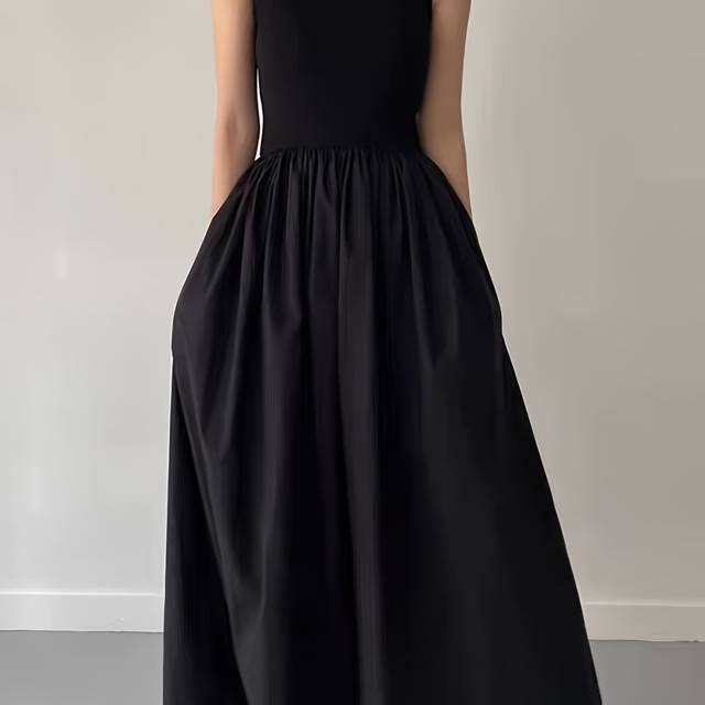 TEMU Women's Elegant Sleeveless Black Dress - Fitted Top & Flowy Skirt, Round Neck, Machine Washable, Spring/summer Casual To Semi-formal Wear, Long Flowy Skirt, Smooth Texture Fabric
