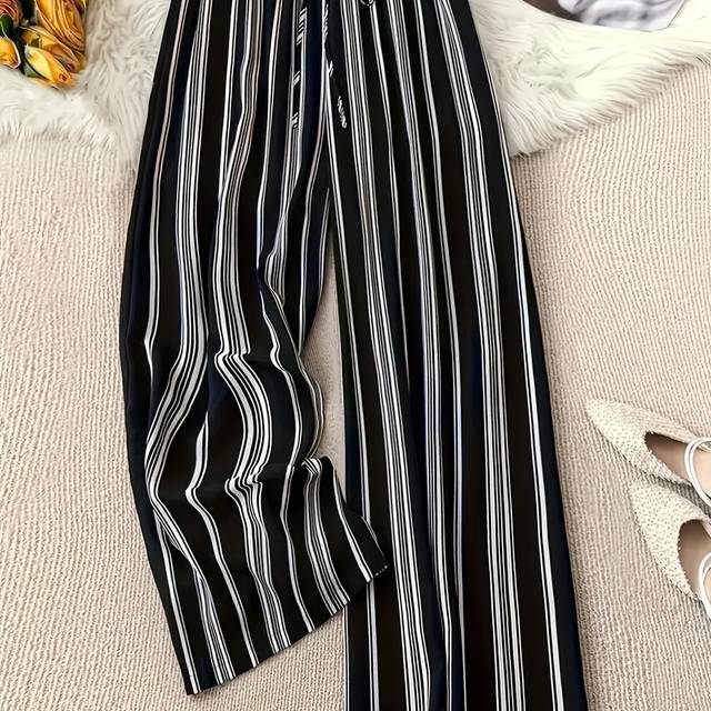 TEMU Plus Size Women's Casual Straight-leg Pants - Black & White Striped Non-stretch Machine-washable Trousers For , Comfortable Clothing, Nontransparent Fabric