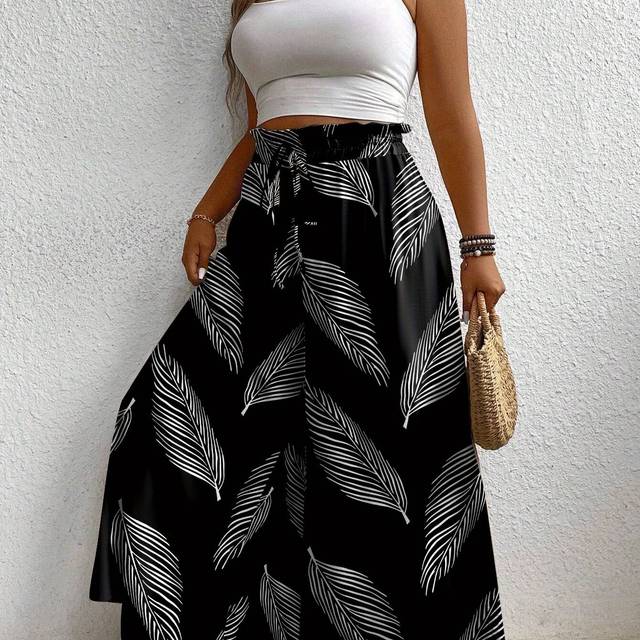 TEMU Women's Plus Size Black & Leaf Print Wide-leg Pants - Loose -season Casual , Machine Washable Non-stretch Fabric For Outdoor & Leisure , Summer Outfits | Halo Dress Styling | Linenlook Attire