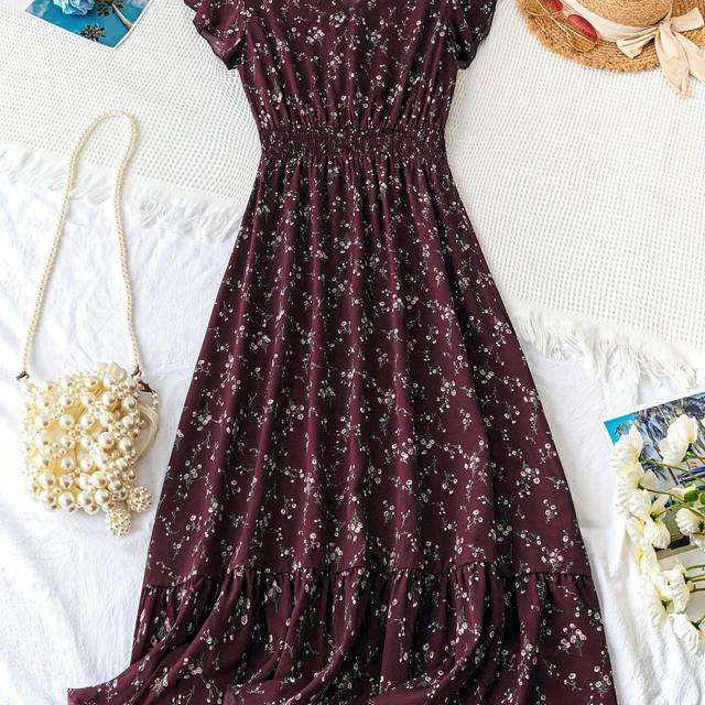 TEMU Elegant V-neck Floral Maxi Dress With Ruffle Hem And Short Sleeves - Women’s Fashion, Maroon With Black Floral Patterns, Polyester, Spring/summer/fall