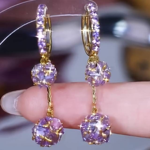 TEMU Boho Chic Double Ball Drop Earrings With Purple Synthetic Zirconia Accents, Golden-tone & Copper Posts - Elegant Party & Casual Attire Jewelry For Women, Boho Earrings