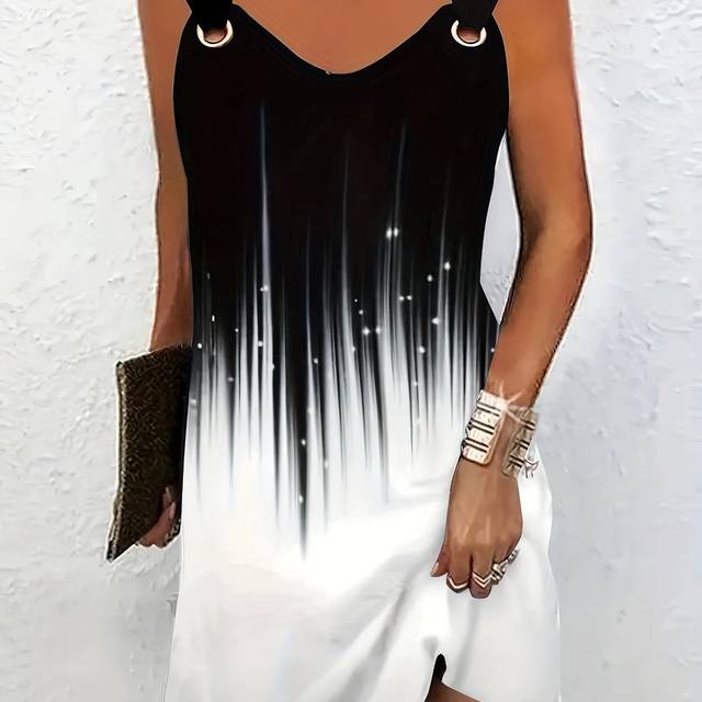 TEMU Women's Sleeveless A-line Dress - Black With Turquoise Geometric Leaf Print, Mid-length Summer Casual To Dressy Wear, Machine Washable, Versatile Fashion, Stylish Neckline