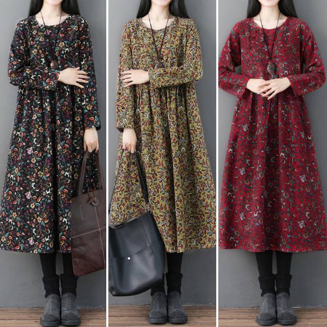 Uk women floral printed long sleeve shirt dress tunic a line swing midi dresses