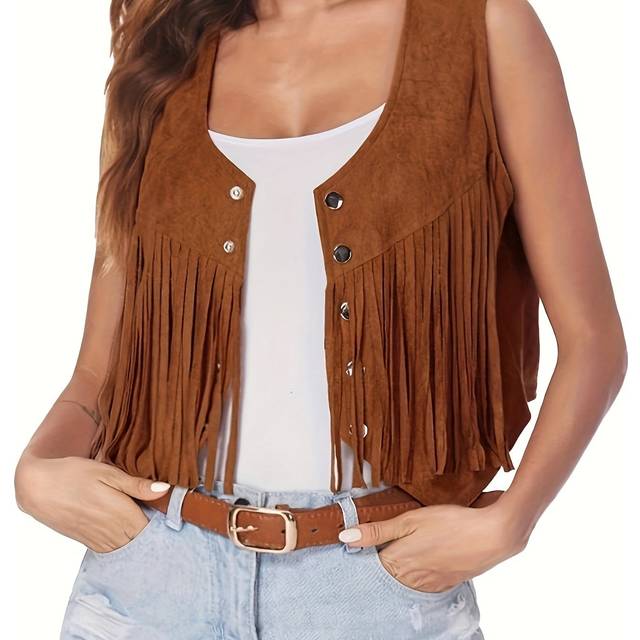 TEMU Buck Village Women's Sleeveless Fringe Vest Jacket - Vintage Bohemian Western Style, Brown -like Material With Fringe Details, Front-opening, Button-, Spring/summer Outfits, Vintage Jacket