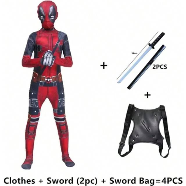 (4pcs-Deadpool3 Set, 130cm) Deadpool Superheroes Child Costume Kid Halloween Cosplay Costume Deadpool Kids Suit Jumpsuit Superhero Deadpool Child Cost