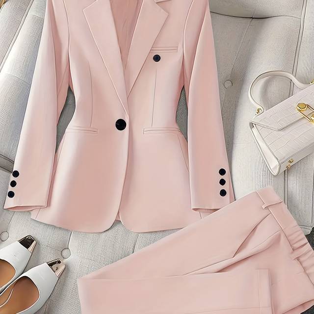TEMU High-end Fashion Women's Suit Slim Fit Casual Solid Color Lapel Jacket + Long Pants Set