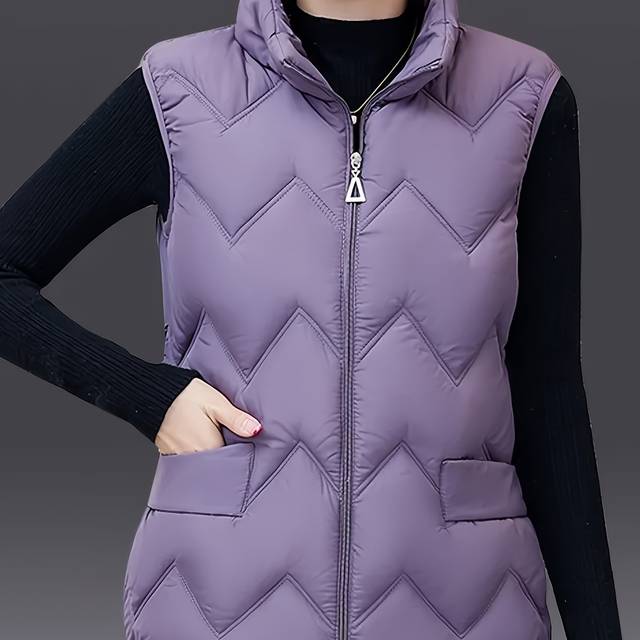 TEMU Women's Purple Quilted Vest - Casual Stand Collar, Sleeveless Warm Polyester Top With Zipper Closure For Spring/fall