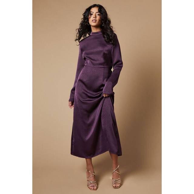 Oasis womens midi dress purple satin high neck twist back long sleeve