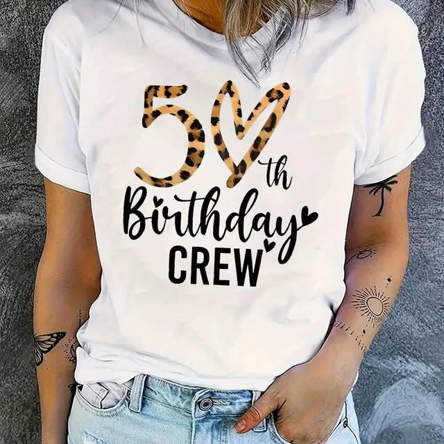TEMU ) Women's 50th Birthday Crew T-shirt - Black With Leopard Print "50" And Glittery Golden Lettering, Casual Short Sleeve, Comfortable Summer Top