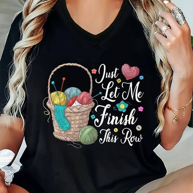 TEMU Women' V-neck T-shirt With "just Row" Crochet Basket Design - Casual, Short-sleeved, Micro-elastic Fabric, Spring/summer Top, Casual Wear | Print | , Crochet Tee
