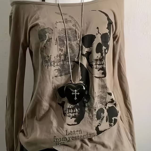 TEMU Y2k Gothic Skull Print Off-shoulder Long Sleeve T-shirt For Women - Black With White & Gray Design, Soft Polyester Fabric, Casual Streetwear Style, Top | Y2k Fashion | Stretchy Material