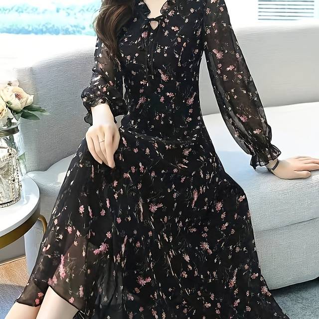 TEMU Elegant Black Floral Maxi Dress With V-neck And Long Sleeves - Flowing A-line Silhouette, Spring/summer, Adult Women's Fashion, Floral Dress