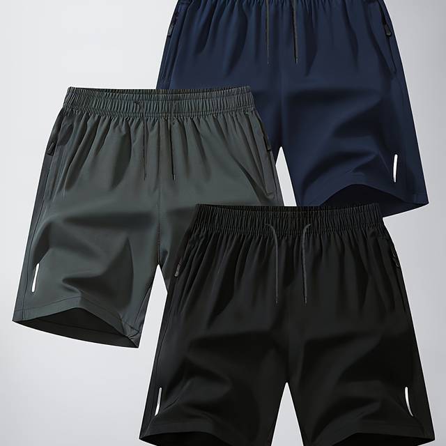 TEMU Men's 3pcs Sports Drawstring Shorts With Zipper Pockets Breathable Fashion Training And Casual Wear Loose Solid