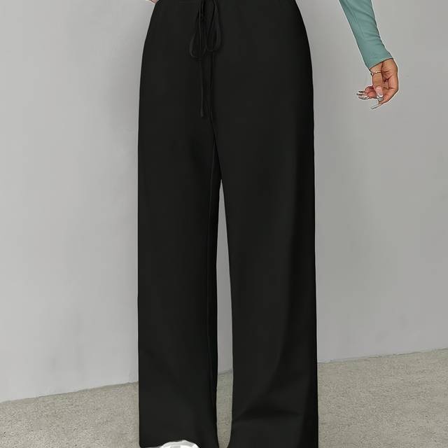 TEMU Women's High-waisted Wide Leg Pants - Solid Color Black, Loose Fit With Drawstring Waist, Comfortable Casual & Lounge Pants For Spring/summer