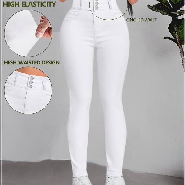 TEMU Women' High-waist Skinny Jeans With Triple Button Closure - Stretchy, Slim Fit, Elegant Design For Casual Or , Versatile Clothing | Minimalist Jeans | Sleek Appearanc