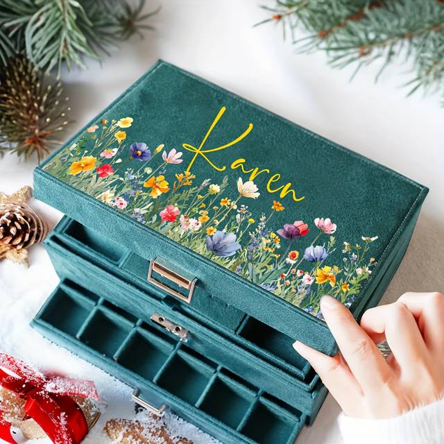 TEMU Personalized Floral Velvet Jewelry Box For Women - Customizable Green Jewelry Organizer With Drawers, Perfect Valentine’s Day Gift Or Keepsake, Jewelry Gift Box