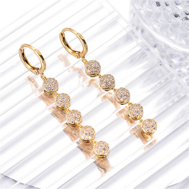 TEMU 1 Pair Elegant Long Drop Hoop Earrings For Women With Sparkling Synthetic Zirconia Stones - Golden- Copper Design For & Party Wear