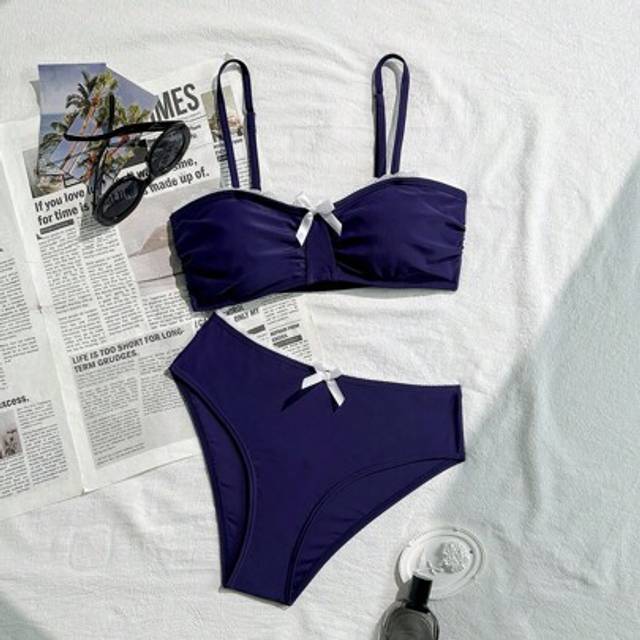 SHEIN Teen Girls&#39; Navy Blue Lace-Trim Colorblock Cute Bow Decor Beach Vacation Bikini Set