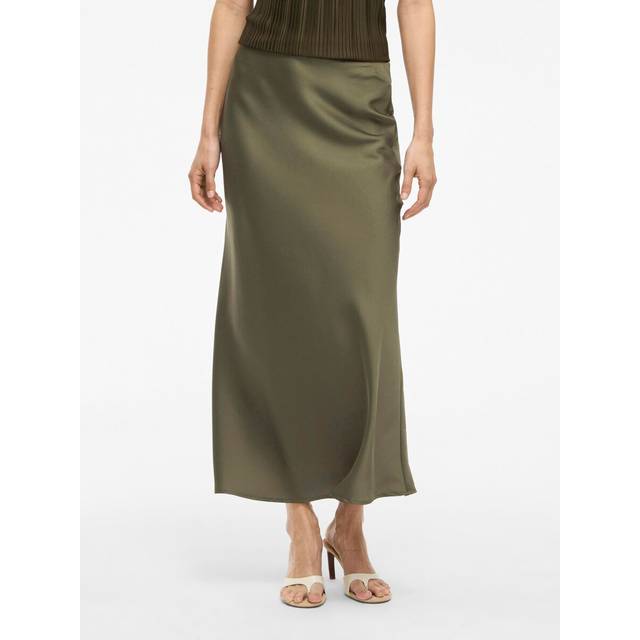 Satin Midi Skirt with High Waist - olive green - 8