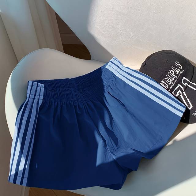 TEMU Women's Casual Summer Shorts With Elastic Waistband & Side Stripe - Light Blue, Loose Fit, Non-stretch Fabric For Spring/summer/fall, Comfortable Leisurewear, Relaxed Fit Shorts