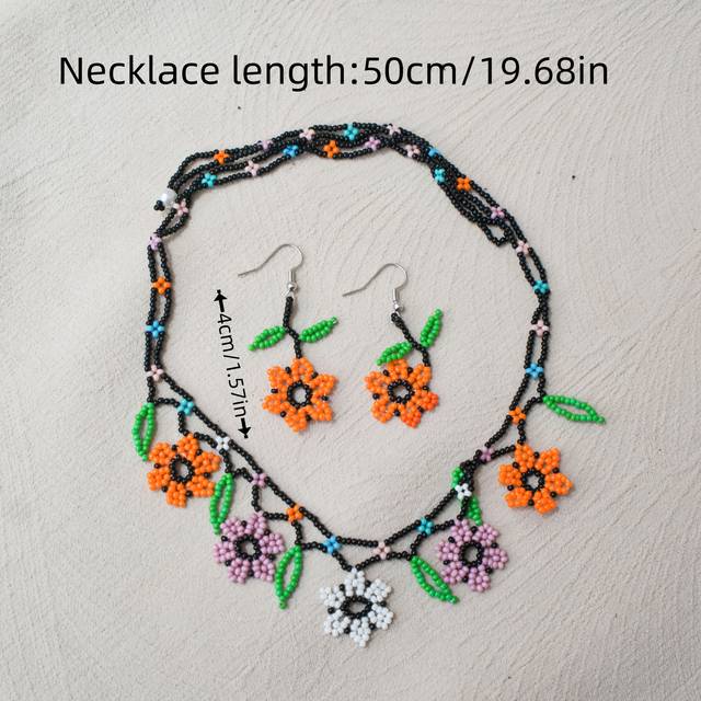 TEMU 3pcs Boho Vintage Beaded Jewelry Set, Handcrafted , Copper Post Earrings And Necklace, Bohemian Style For Daily And Vacation Wear, Accessory