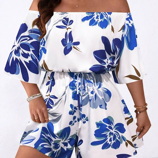 TEMU Plus Size - Women's Plus Size Off-shoulder Floral Print Jumpsuit - Short Sleeve, Hem, White With Blue & , Casual Spring/summer/fall Outfit, Casual Summer Wear | Offshoulder Fashion | Hem Jumpsuit