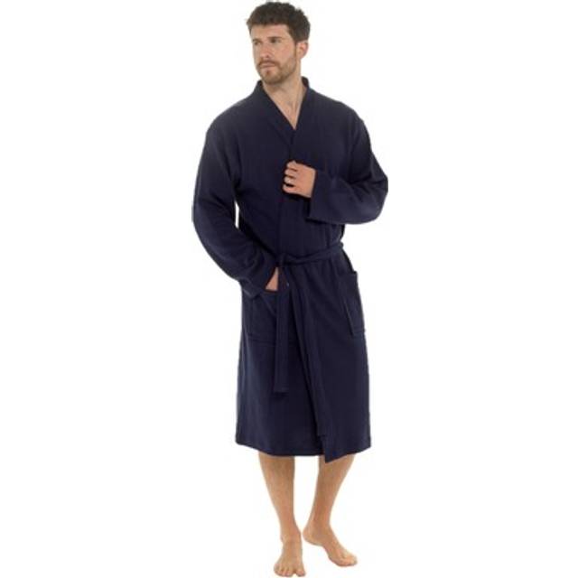 Men’s waffle cotton robe – blue 100% cotton dressing gown with tie belt & pocket