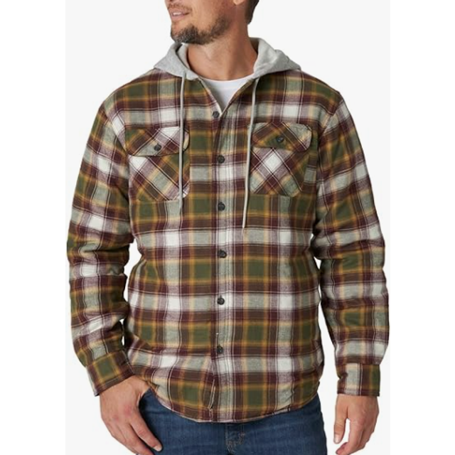 Wrangler herr långärmad quiltad fodrad flanelljacka med huva knapp ner skjorta