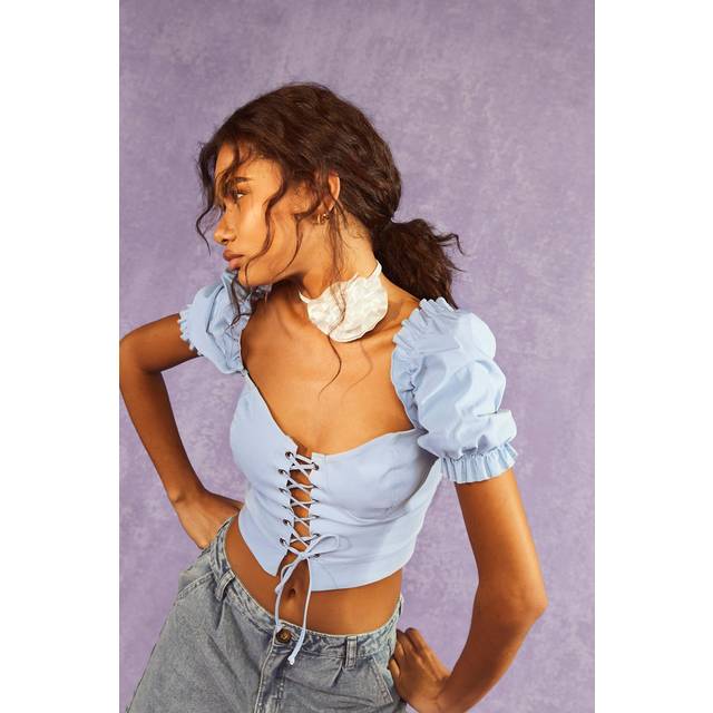 Womens Puff Sleeve Lace Up Bengaline Corset Top - Blue - 8, Blue