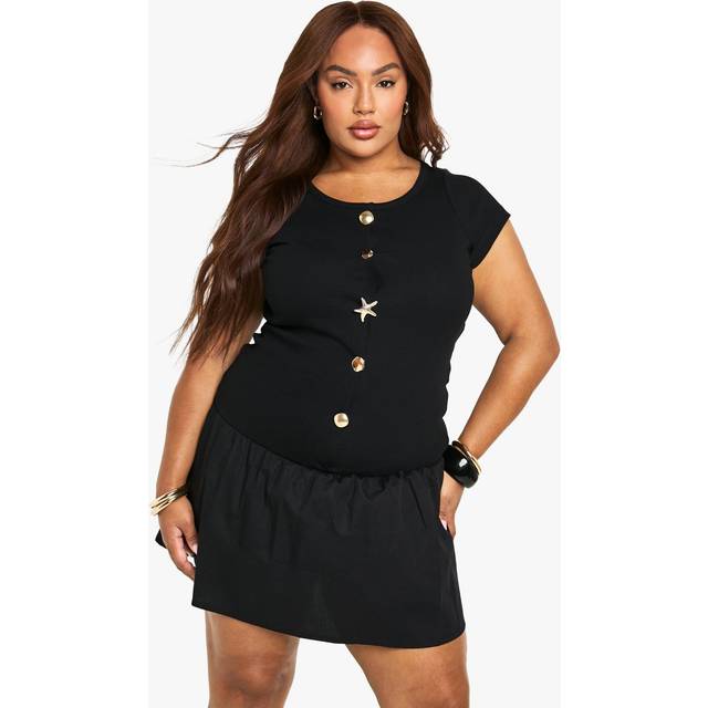 Womens Plus Gold Trim Rib Poplin Mix Mini Dress - Black - 22, Black